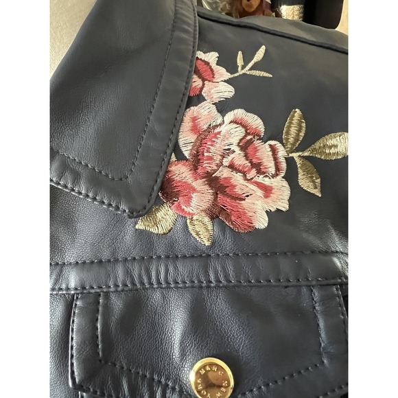Mark New York Andrew Mark Women's Faux Leather Short Jacket Sz S Navy Embroidery - Picture 2 of 9